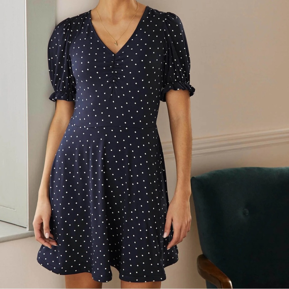 NWT Boden V-Neck Jersey Dress Navy White Pin Dot, size 10R